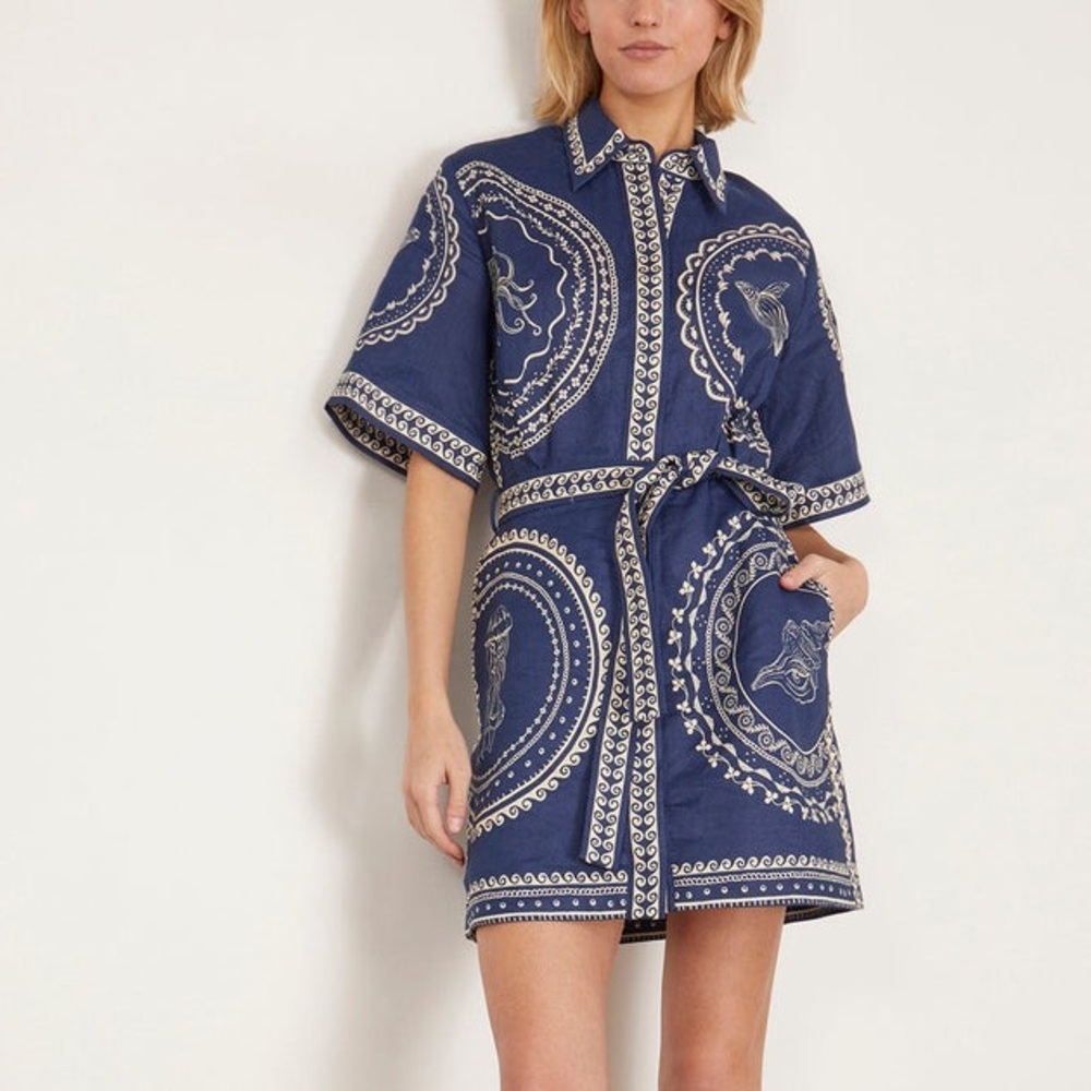 Alemais Navy and White Printed Mini Shirt Dress with Tie Waist